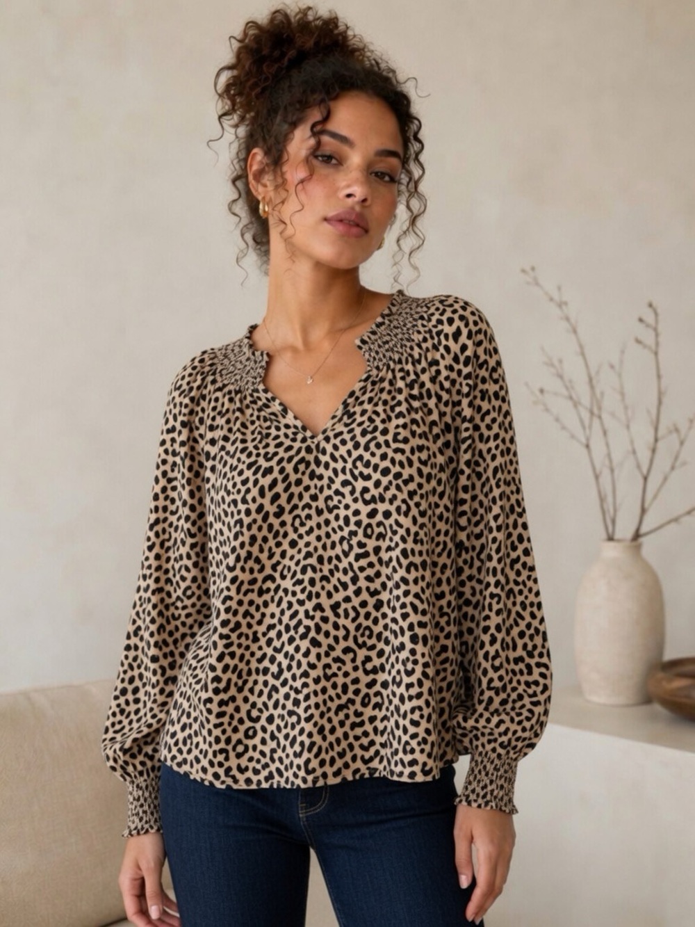 Maurices Beige and Black Leopard-Print V-Neck Blouse